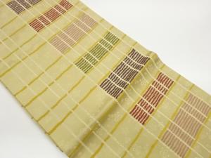 格子に桜・横縞模様織出し名古屋帯